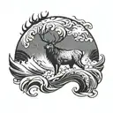 A majestic stag emerging from a swirling ocean wave, with a hunting bow and arrow in its antlers tattoo design idea