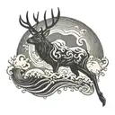 A majestic stag emerging from a swirling ocean wave, with a hunting bow and arrow in its antlers tattoo design idea