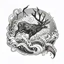 A majestic stag emerging from a swirling ocean wave, with a hunting bow and arrow in its antlers tattoo design idea