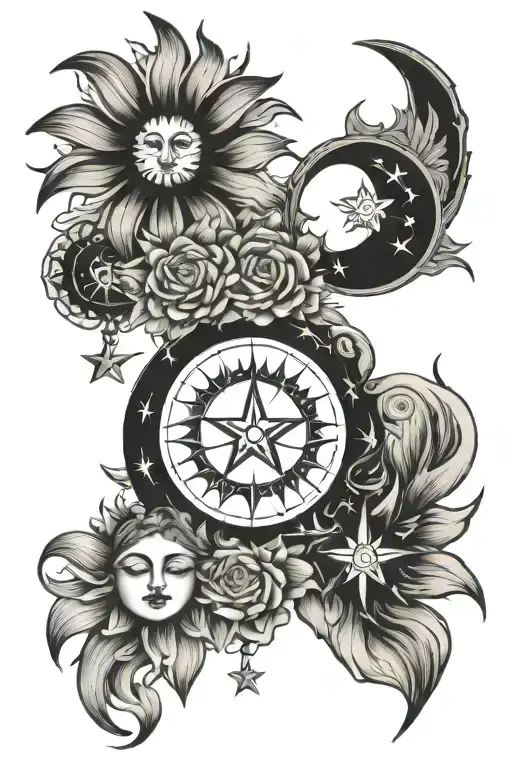 sun moon and star to represent a mom son and daughter  tattoo design idea
