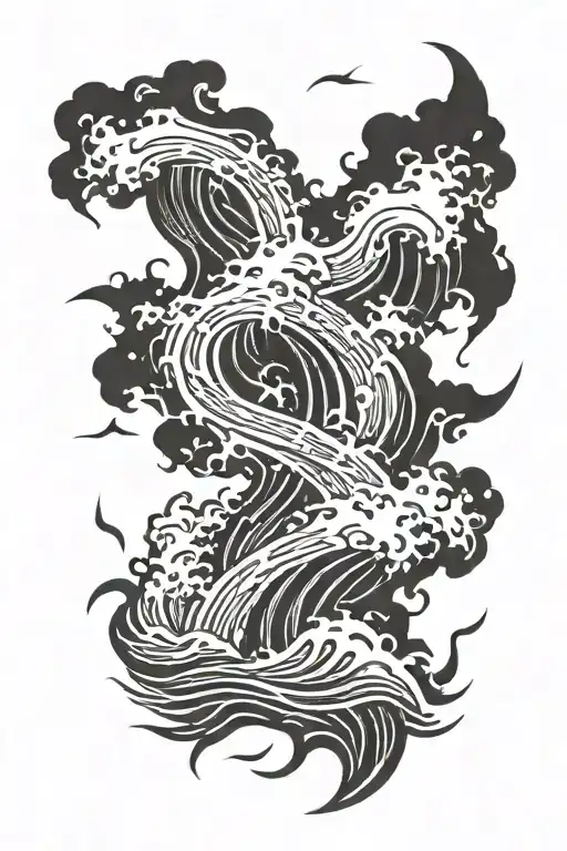 lightning bolt with japanese waves crashing tattoo design idea