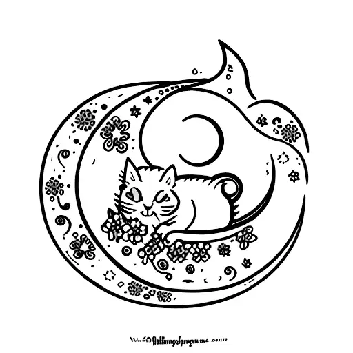 a cat sleeping in flowers with a crescent moon and stars tattoo design idea