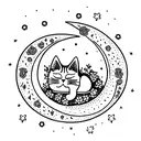 a cat sleeping in flowers with a crescent moon and stars tattoo design idea