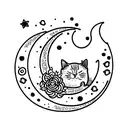 a cat sleeping in flowers with a crescent moon and stars tattoo design idea