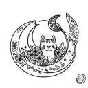 a cat sleeping in flowers with a crescent moon and stars tattoo design idea
