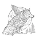 A wolf howling at a full moon with a raven perched on its shoulder, inspired by the client's love for nature and animals tattoo design idea