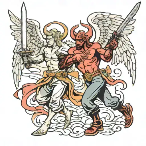 angel holding sword fighting devil holding a gun tattoo design idea