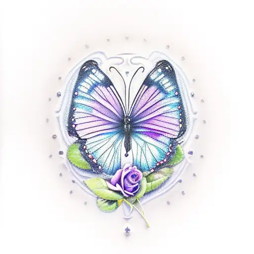 Blue Butterfy on Purple Rose with Semicolon tattoo design idea