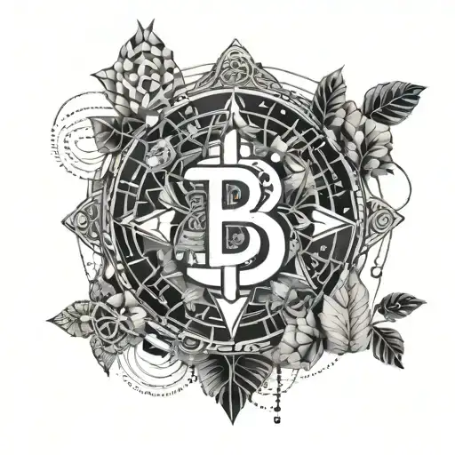 A geometric om symbol made of bitcoin symbols, surrounded by money leaves tattoo design idea