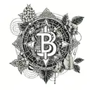 A geometric om symbol made of bitcoin symbols, surrounded by money leaves tattoo design idea