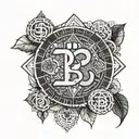 A geometric om symbol made of bitcoin symbols, surrounded by money leaves tattoo design idea
