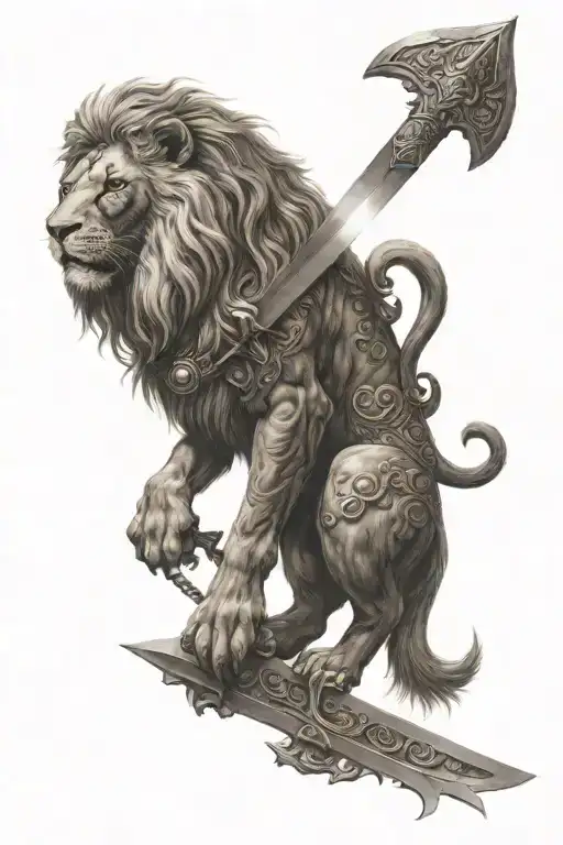 Persian lion holding a sword. the sun behind it tattoo design idea