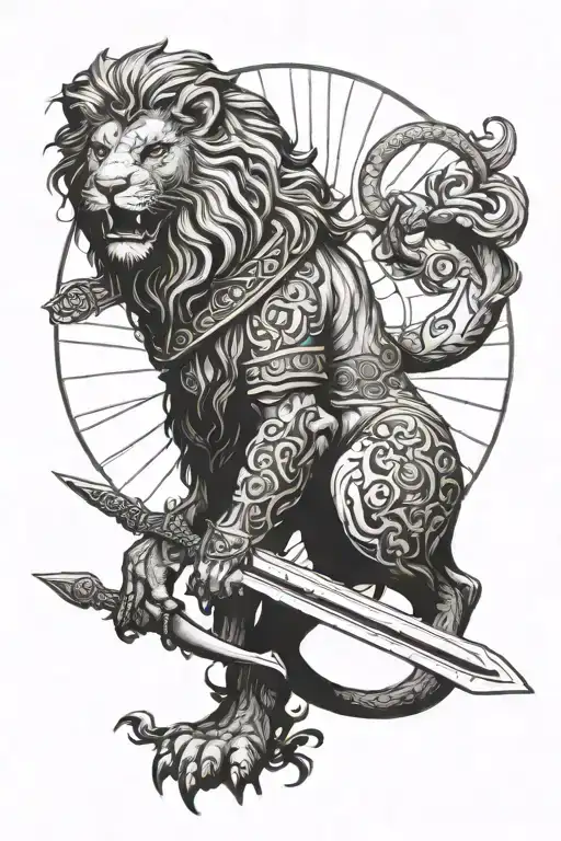 Persian lion holding a sword. the sun behind it tattoo design idea
