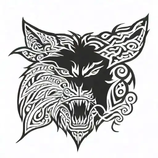 nordic agressive Wolf head profile and big teeth tattoo design idea
