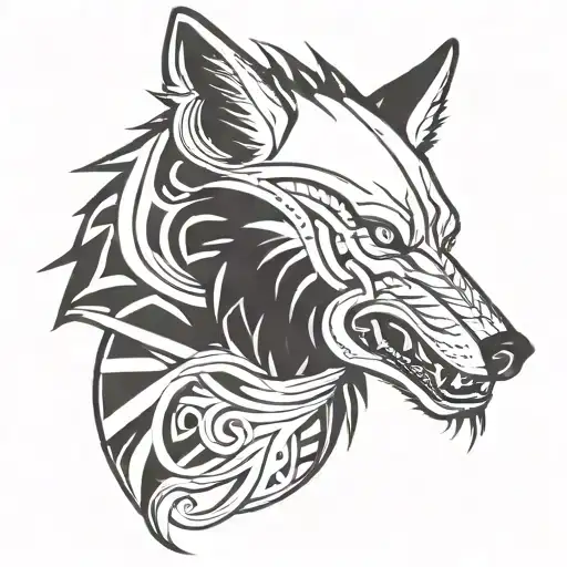 nordic  style agressive Wolf head profile and big teeth and blood  tattoo design idea