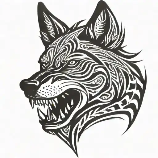 nordic  style agressive Wolf head profile and big teeth tattoo design idea