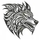 nordic  style agressive Wolf head profile and big teeth tattoo design idea