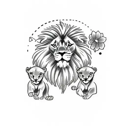 lion with 3 cubs and flower background tattoo design idea