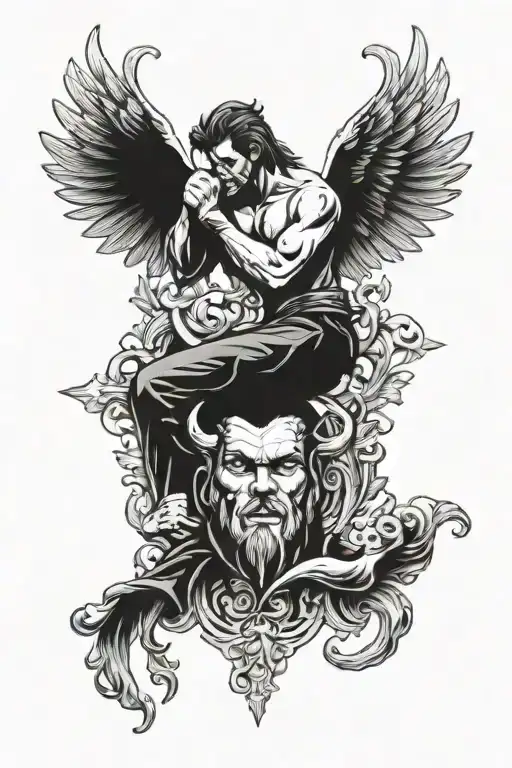 chest tattoo one side shoeing the good times and the other half shoeing bad times with angel and devil incorporated tattoo design idea
