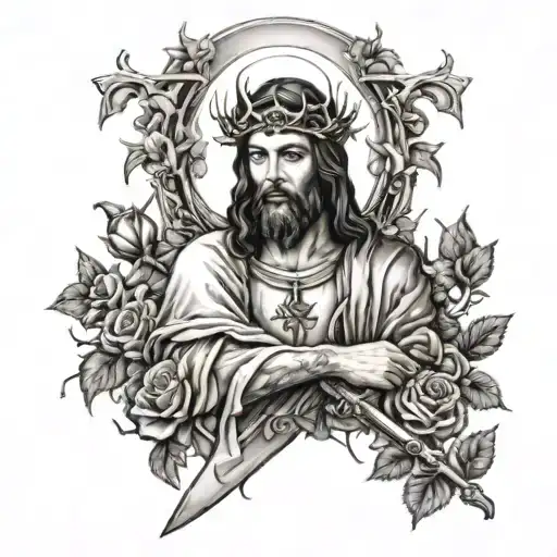 jesus wearing a thorn crown with archangle micheal holding a dagger sitting down below, with a cross, vines, flowers tattoo design idea