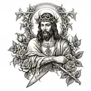 jesus wearing a thorn crown with archangle micheal holding a dagger sitting down below, with a cross, vines, flowers tattoo design idea