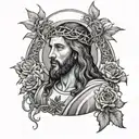 jesus wearing a thorn crown with archangle micheal holding a dagger sitting down below, with a cross, vines, flowers tattoo design idea