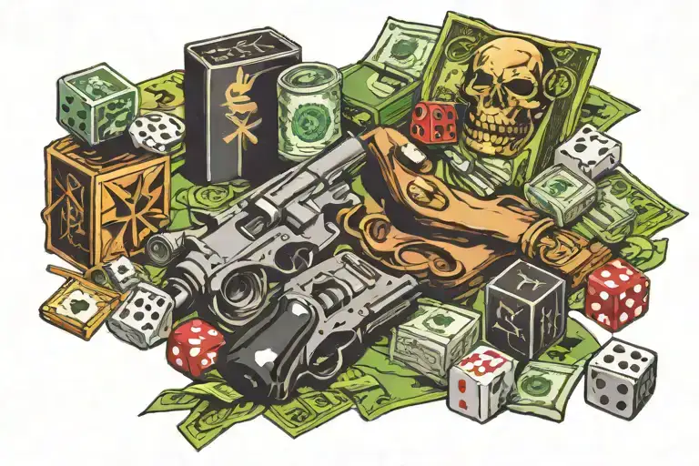 money risk taking guns drugs dice rolling tattoo design idea