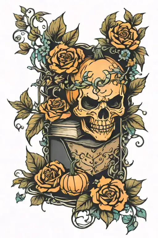 jack-o-lantern, vines, books surrounded by florals tattoo design idea