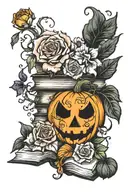 jack-o-lantern, vines, books surrounded by florals tattoo design idea