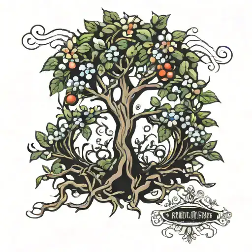 fruit tree with the trunk saying "The fruit of the righteous is a tree of life, and the wise man saves life. Proverbs 11:30" tattoo design idea