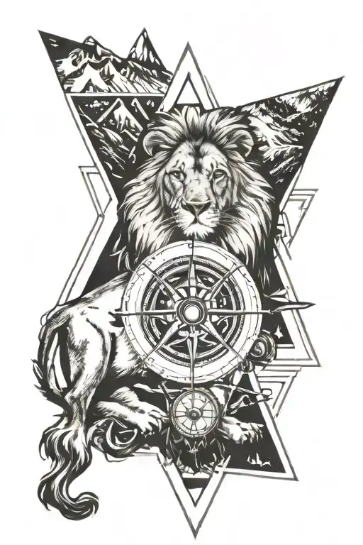 lion with compass and mountain in triangle shape surrounded tattoo design idea