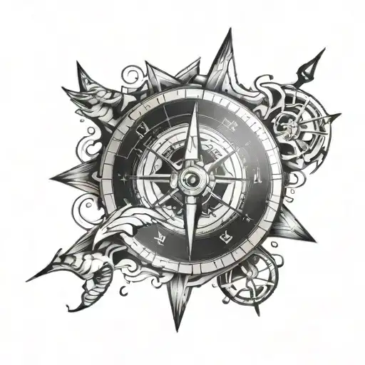 A black and grey tattoo of a compass with video game symbols and fishing hooks as directional markers tattoo design idea