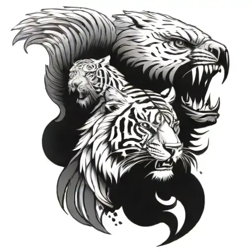tiger and eagle half face side to side little up and down   tattoo design idea