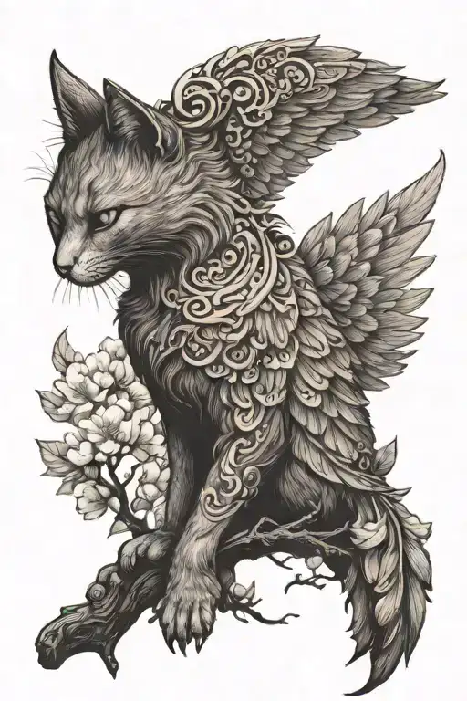 A cat with wings resembling a phoenix perched on a sakura tree branch tattoo design idea
