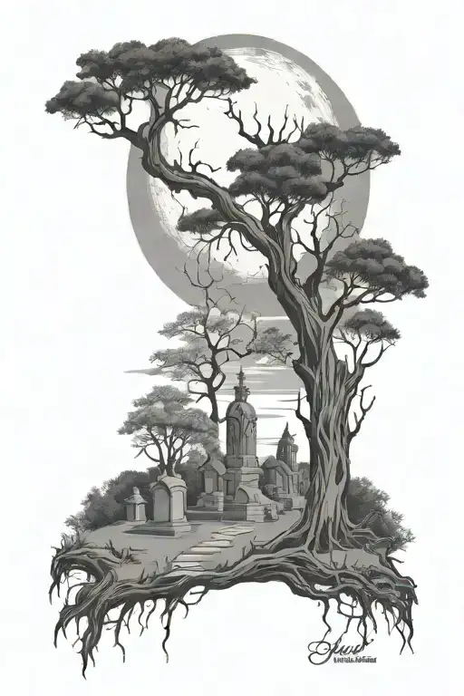 moon lite cemetery with dead tree tattoo design idea