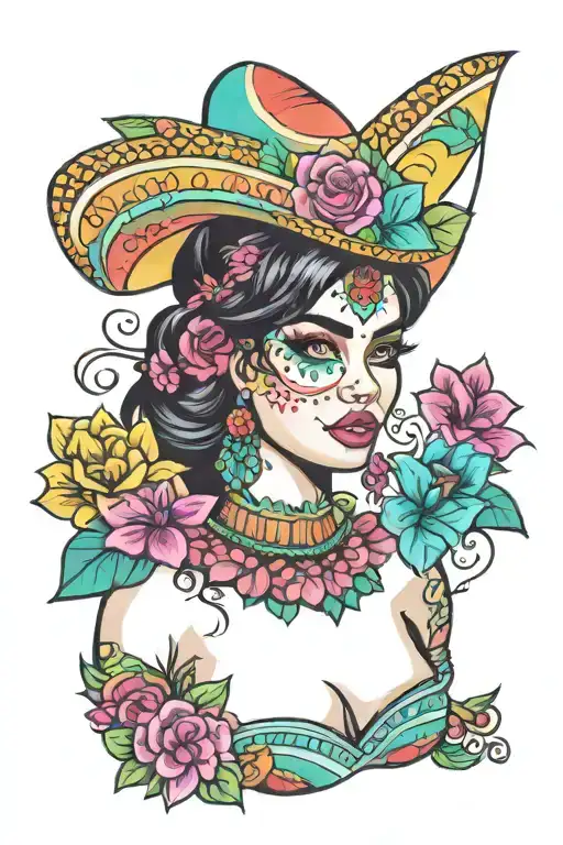Mexican Katrina with colorful flowers, a beautiful relistic face and a colorful makeup. Must look from the front tattoo design idea