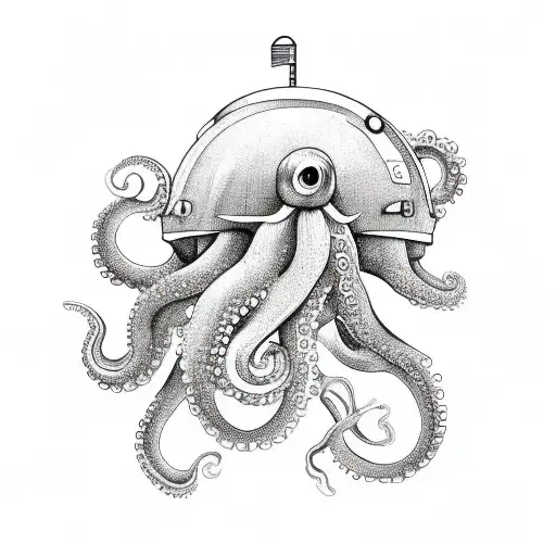 an octopus hiding in a dive helmet with two sea horses hanging on a tentacle tattoo design idea