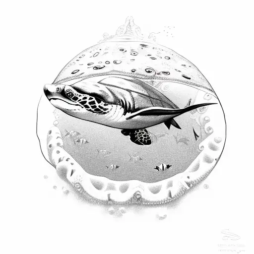 sea turtles, mako shark, jelly fish, octopus hiding in a dive helmet, sea.horses tattoo design idea