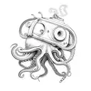 an octopus hiding in an old fashioned dive helmet with two sea horses hanging on a tentacle tattoo design idea