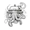 an octopus hiding in an old fashioned dive helmet with two sea horses hanging on a tentacle tattoo design idea