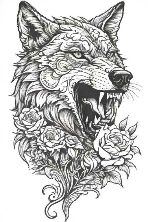 SNARLING WOLF WITH COSMOS NARCISSUS ROSES tattoo design idea