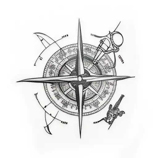 full arm tattoo that includes a sewing machine, scissors, fishing pole, futuristic compass, and an antique pocket watch tattoo design idea