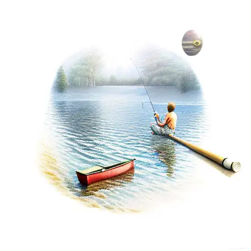 A realistic tattoo of a father and child fishing together in a peaceful lakeside scene, with a touch of outer space elements tattoo design idea