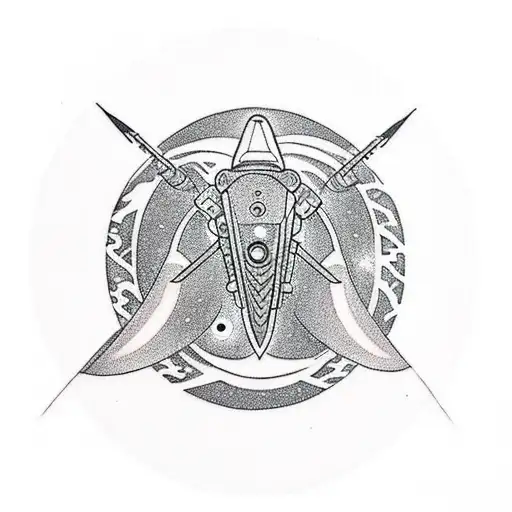 A new-school tattoo of a spaceship soaring through a galaxy filled with hunting and fishing gear tattoo design idea