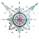 full arm tattoo that includes a sewing machine, scissors, fishing pole, futuristic compass, and an antique pocket watch tattoo design idea