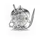 full arm tattoo that includes a sewing machine, scissors, fishing pole, futuristic compass, and an antique pocket watch tattoo design idea