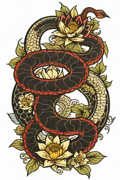 yin and yang snake with water lily and sunflower intertwined tattoo design idea