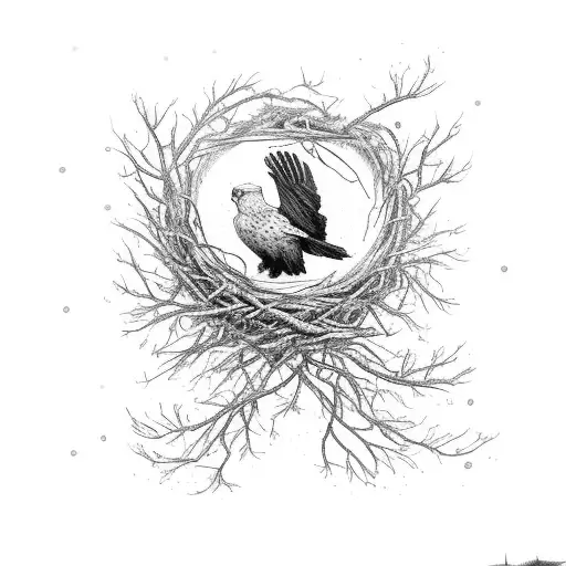 an apple tree with a small bald eagle soaring over it with a bird in a nest with her 3 babies with butterflys fluttering tattoo design idea