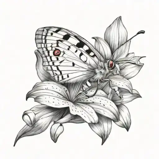 moth with red patch lily tattoo design idea