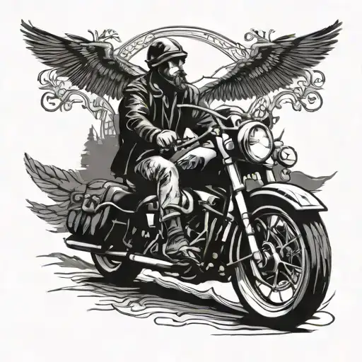 traveler biker riding Harley Davidson, wind rose, road and forest tattoo design idea